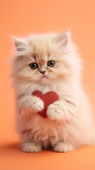 A fluffy and red kitten holds a small red heart in its paws. peach background. vertical photo. blurred background. mock-up, blur, selective focus. concept for February 14, Valentine's Day, gift