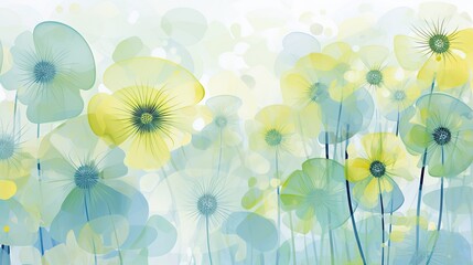 Abstract illustration of layers of translucent white, blue and yellow flowers