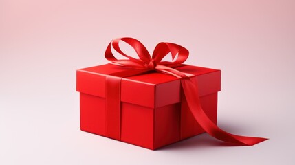 Obraz premium red box with a red bow on a pink background. concept for February 14, Valentine's Day, gift. isolated, mock-up, copy space, banner.