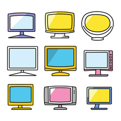 Collection of retro and modern TVs. Colorful televisions with simple designs, varying styles and stands. Classic and contemporary TV set design vector illustration.