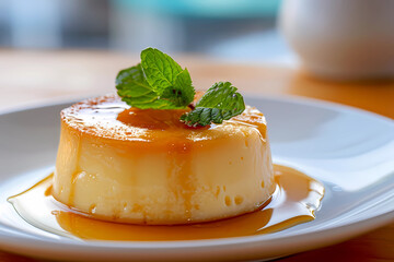 Flan - A beloved dessert in many countries, flan is a creamy baked custard with a caramel sauce, known for its smooth texture and caramelized flavor - obrazy, fototapety, plakaty