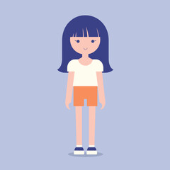 Young girl standing smiling in casual clothes, simple flat style. Cute child character, cheerful mood, purple background vector illustration.