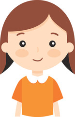 Young girl with brown hair in orange shirt, neutral expression. Child character design, simple kids illustration vector.