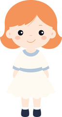 Cute cartoon girl standing, smiling with playful expression, ginger hair, Cream dress, blue shoes. Happy child character, simple design vector illustration.