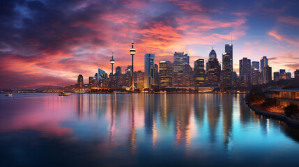 Fototapeta premium Cityscape of the Renowned Financial District at Twilight, Casting Reflections on the Waterfront. Generative AI