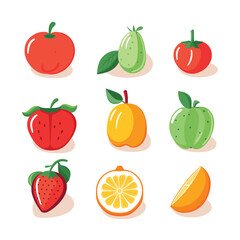 Colorful fruits collection including tomato, guava, strawberry, and citrus. Fresh healthy food, ripe natural snacks vector illustration.
