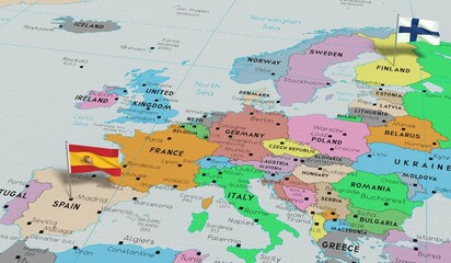 Spain and Finland - pin flags on political map - 3D illustration