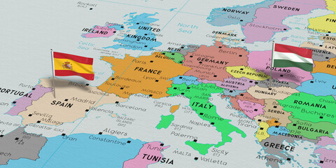 Spain and Hungary - pin flags on political map - 3D illustration
