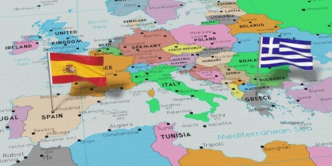 Spain and Greece - pin flags on political map - 3D illustration