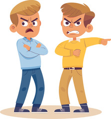 Two angry men pointing fingers and confronting each other. Cartoon characters in a dispute with aggressive gestures. Conflict resolution and emotions management vector illustration.