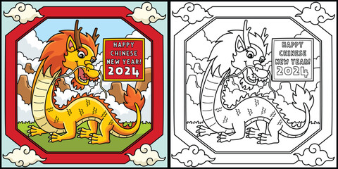 Happy Chinese New Year 2024 Coloring Illustration