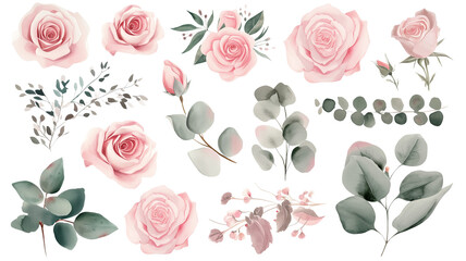 Watercolor elements pink roses, flowers, leaves, eucalyptus, branches set, isolated on transparent background - obrazy, fototapety, plakaty