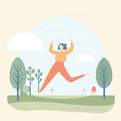 Happy woman jumping in park, sunny day, casual clothes. Joyful female outdoor activity, freedom concept. Happiness and nature enjoyment vector illustration.