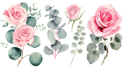 Watercolor elements pink roses, flowers, leaves, eucalyptus, branches set, isolated on transparent background - obrazy, fototapety, plakaty