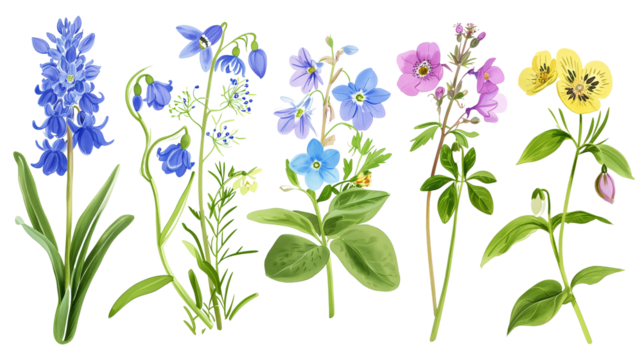 Wild flowers set isolated on a transparent background