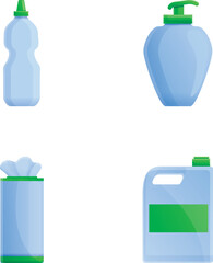 Cleaning product icons set cartoon vector. Various detergent packaging. Cleanliness concept