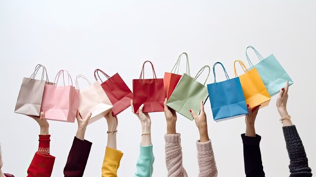colored paper bags on white background. 7 color bags from the store. Idea of discounts in stores, fun shopping. High quality photo