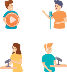Fototapeta premium Video platform icons set cartoon vector. Guy with youtube button and microphone. International online service