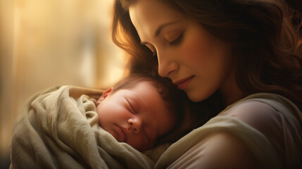 In this touching image, a mother cradles her newborn with pure love and protection. Bathed in soft light, they share a deep bond, symbolizing maternal affection—a moment of unspoken love.