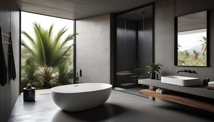 3d dark masculine bathroom with concrete walls and contemporary minimal design with view to palm trees