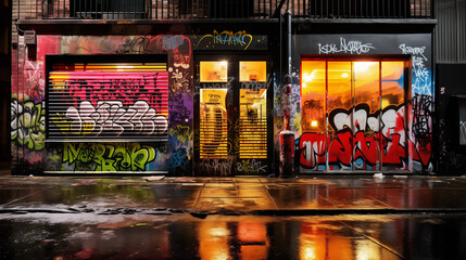 Naklejka premium A vibrant photograph showcases street art or graffiti, capturing urban artistic creativity and self-expression. It emphasizes the vitality and diversity of the urban environment visually.