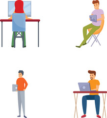 Remote working icons set cartoon vector. Freelancer working from home. Self employed concept