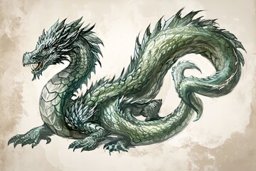 Traditional Green Wood Dragon illustration.