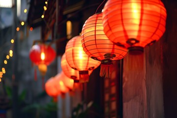 Naklejka premium Beautiful red Chinese lanterns on street, lunar New Year decorations.