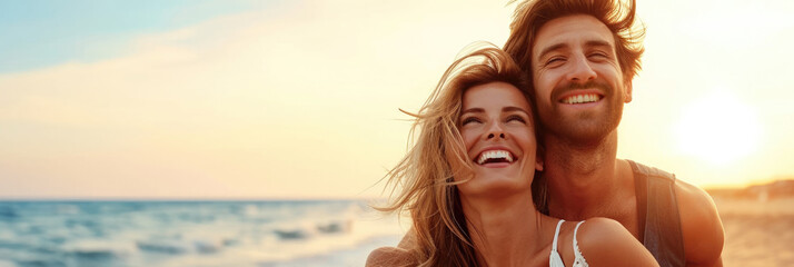 Loving couple embracing having fun at the beach - Powered by Adobe