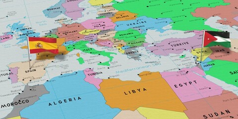 Spain and Jordan - pin flags on political map - 3D illustration