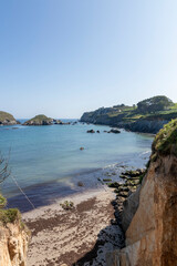 Fototapeta na wymiar coastal landscape with clear blue waters, rocky shores, lush greenery, and a bright, cloudless sky