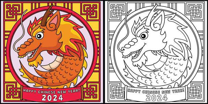 Year of the Dragon Head Coloring Page Illustration