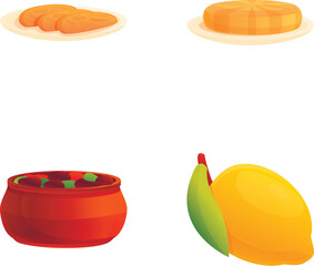 Greek cuisine icons set cartoon vector. Various traditional dish of greek cuisine. Mediterranean food