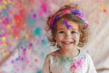 Happy child celebrating Holi festival, portrait of smiling kid with paint on face. Funny little girl artist on blurred colorful background. Concept of India, canvas, color, art, creativity