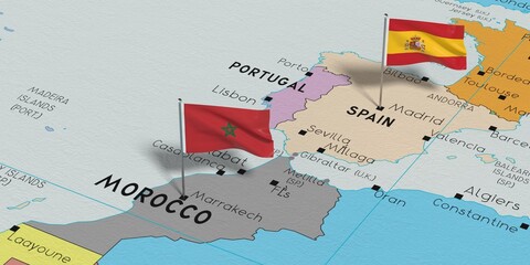 Spain and Morocco - pin flags on political map - 3D illustration
