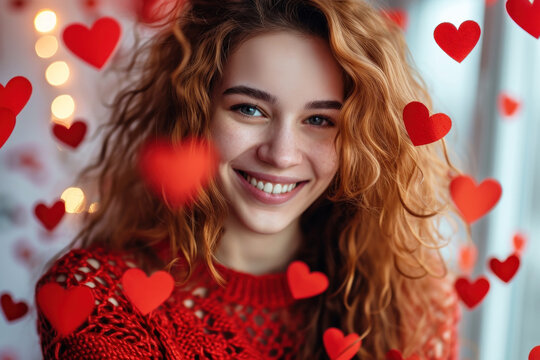 Smiling red-haired young woman celebrating Valentine`s Day, attractive adult girl on heart shapes background, romantic design. Concept of love, party, happy people and romance