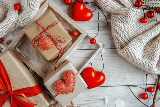 Gift boxes on Valentine`s Day, top view of red heart shapes on white wooden table or floor. Romantic home design, flat lay. Concept of happy holiday, love, decoration, winter