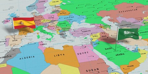 Spain and Saudi Arabia - pin flags on political map - 3D illustration