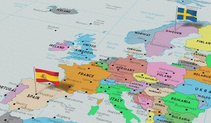 Spain and Sweden - pin flags on political map - 3D illustration