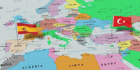 Fototapeta na wymiar Spain and Turkyie - pin flags on political map - 3D illustration