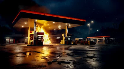 Fototapete Gas station that is on fire with lot of smoke coming out of it. © Kostya