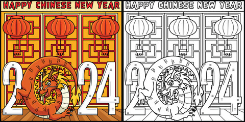 2024 Year of the Dragon Coloring Page Illustration