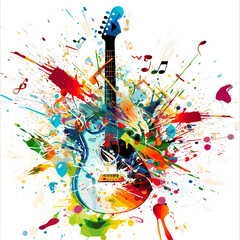 An artistic, vibrant illustration of a central guitar with other musical instruments and notes...