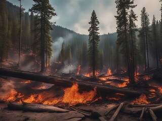 Raging forest fire with billowing smoke. Drought and arid fire. - obrazy, fototapety, plakaty