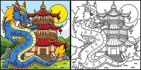 Year of the Dragon with Pagoda Illustration