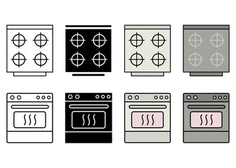 Cooker and oven icons for web and surface. packaging signs. Instruction symbols. flat design