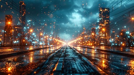 Fototapeta na wymiar Rain in city, close up of road surface with raindrops, beautiful bokeh of rain and city lights