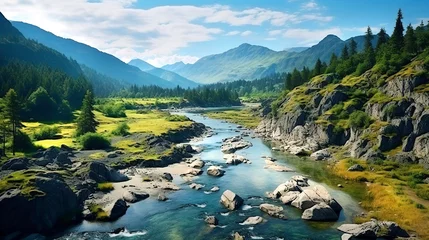 Foto op Canvas Sunny day in Alps, iconic view with river, green fields and blue mountains © IRStone