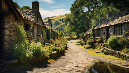 Fototapeta na wymiar Beautiful iconic view at old English village, street with stone made cottages at sunny summer day