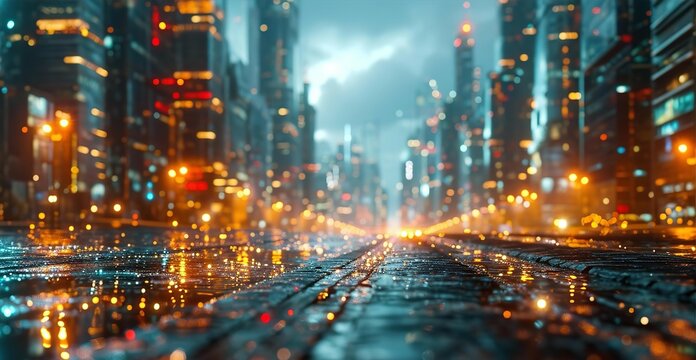 Rain in city, close up of road surface with raindrops, beautiful bokeh of rain and city lights